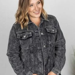 Michelle Mae LONG SLEEVES Destroyed Hem Corduroy Jacket - Black