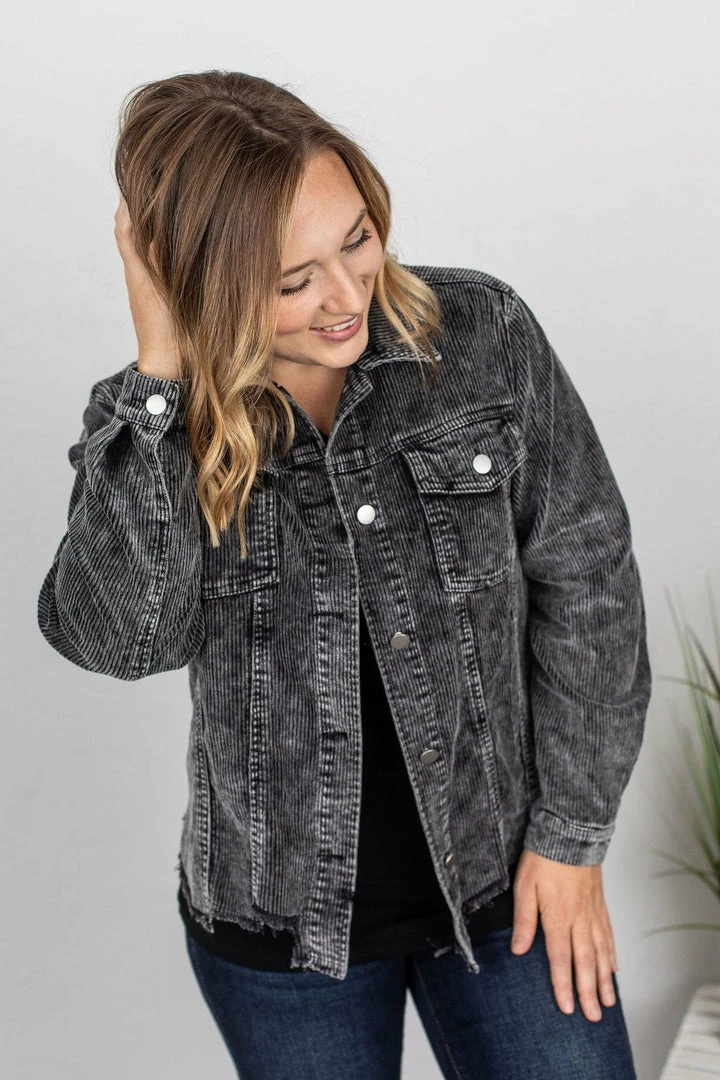 Budget โ Michelle Mae LONG SLEEVES Destroyed Hem Corduroy Jacket - Black ๐ 1 Michelle Mae LONG SLEEVES Destroyed Hem Corduroy Jacket - Black