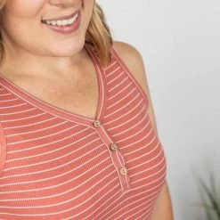 Michelle Mae Addison Henley Tank - Dark Pink W/White Stripes SHORT SLEEVES