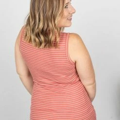 Michelle Mae Addison Henley Tank - Dark Pink W/White Stripes SHORT SLEEVES