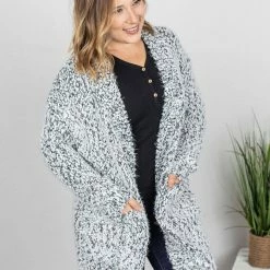 Michelle Mae Fuzzy Cardigan - Frosted Grey LONG SLEEVES