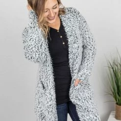 Michelle Mae Fuzzy Cardigan - Frosted Grey LONG SLEEVES