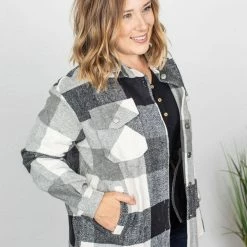 Michelle Mae LONG SLEEVES Holly Plaid Shacket - Black And White