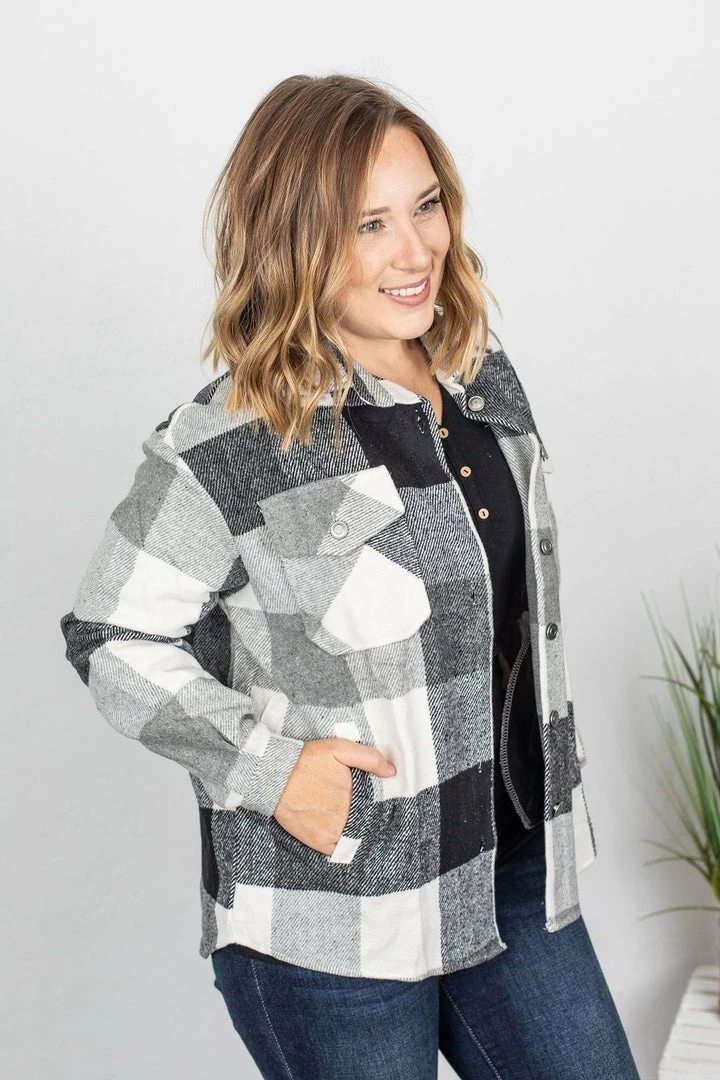 Best Sale ❤️ Michelle Mae LONG SLEEVES Holly Plaid Shacket - Black And White ⌛ 1 Michelle Mae LONG SLEEVES Holly Plaid Shacket - Black And White