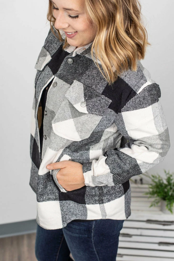 Best Sale ❤️ Michelle Mae LONG SLEEVES Holly Plaid Shacket - Black And White ⌛ 2 Michelle Mae LONG SLEEVES Holly Plaid Shacket - Black And White
