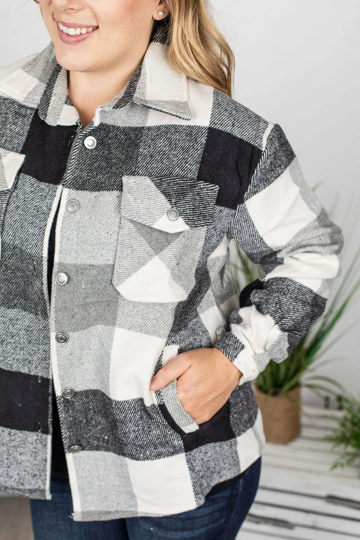 Best Sale ❤️ Michelle Mae LONG SLEEVES Holly Plaid Shacket - Black And White ⌛ 3 Michelle Mae LONG SLEEVES Holly Plaid Shacket - Black And White