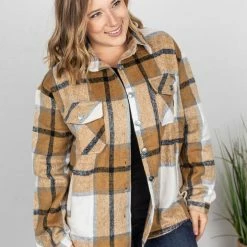 Michelle Mae LONG SLEEVES Holly Plaid Shacket - Camel Plaid