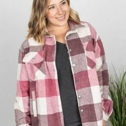 Michelle Mae LONG SLEEVES Holly Plaid Shacket - Raspberry Plaid