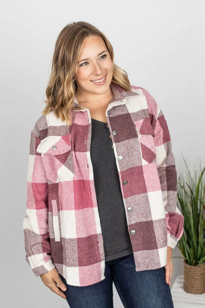 Best Pirce ๐ Michelle Mae LONG SLEEVES Holly Plaid Shacket - Raspberry Plaid ๐ 2 Michelle Mae LONG SLEEVES Holly Plaid Shacket - Raspberry Plaid