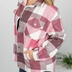 Michelle Mae LONG SLEEVES Holly Plaid Shacket - Raspberry Plaid