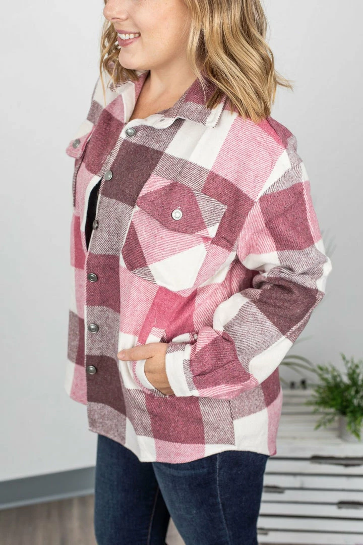 Best Pirce ๐ Michelle Mae LONG SLEEVES Holly Plaid Shacket - Raspberry Plaid ๐ 1 Michelle Mae LONG SLEEVES Holly Plaid Shacket - Raspberry Plaid