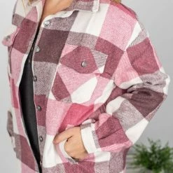 Best Pirce ๐ Michelle Mae LONG SLEEVES Holly Plaid Shacket - Raspberry Plaid ๐ 7 Michelle Mae LONG SLEEVES Holly Plaid Shacket - Raspberry Plaid