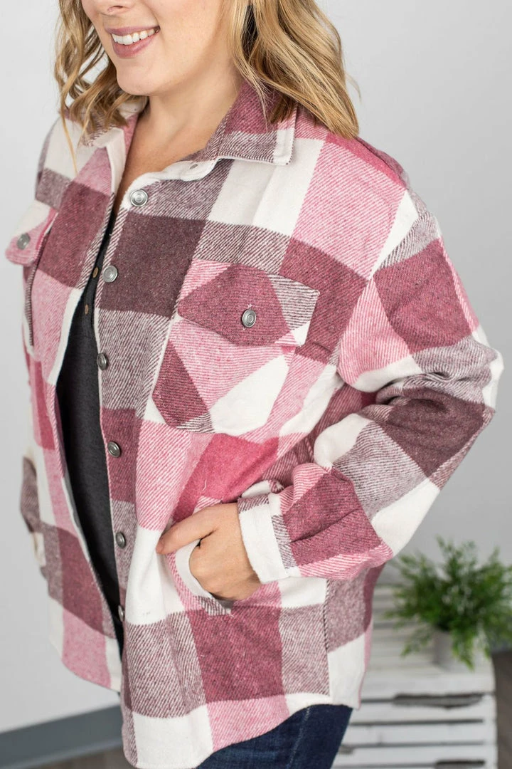 Best Pirce ๐ Michelle Mae LONG SLEEVES Holly Plaid Shacket - Raspberry Plaid ๐ 3 Michelle Mae LONG SLEEVES Holly Plaid Shacket - Raspberry Plaid