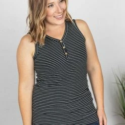Michelle Mae SHORT SLEEVES Addison Henley Tank - Black W/White Stripes