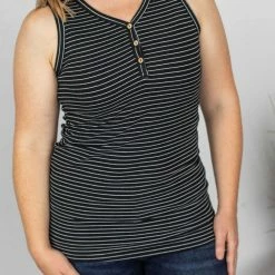 Michelle Mae SHORT SLEEVES Addison Henley Tank - Black W/White Stripes