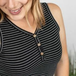 Michelle Mae SHORT SLEEVES Addison Henley Tank - Black W/White Stripes