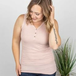 Michelle Mae SHORT SLEEVES Addison Henley Tank - Blush Pink W/White Stripes