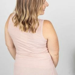 Michelle Mae SHORT SLEEVES Addison Henley Tank - Blush Pink W/White Stripes