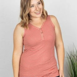 Michelle Mae Addison Henley Tank - Dark Pink W/White Stripes SHORT SLEEVES