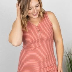 Michelle Mae Addison Henley Tank - Dark Pink W/White Stripes SHORT SLEEVES