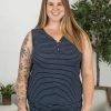 Michelle Mae SHORT SLEEVES Addison Henley Tank - Navy W/ White Stripe