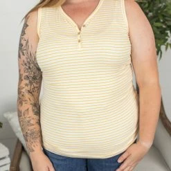Michelle Mae Addison Henley Tank - Yellow Stripes SHORT SLEEVES