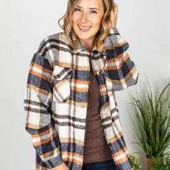 Michelle Mae Molly Plaid Shacket - Navy, Brown, And Orange LONG SLEEVES