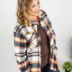 Michelle Mae Molly Plaid Shacket - Navy, Brown, And Orange LONG SLEEVES