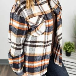 Michelle Mae Molly Plaid Shacket - Navy, Brown, And Orange LONG SLEEVES