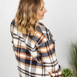 Michelle Mae Molly Plaid Shacket - Navy, Brown, And Orange LONG SLEEVES