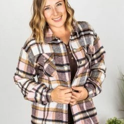 Michelle Mae Molly Plaid Shacket - Pink And Brown
