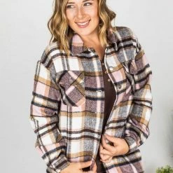 Michelle Mae Molly Plaid Shacket - Pink And Brown