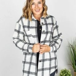 Michelle Mae LONG SLEEVES Dolly Long Plaid Shacket - Black And White