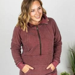 Michelle Mae Vintage Wash HalfZip - Wine LONG SLEEVES