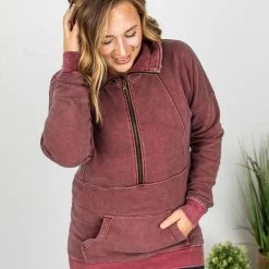 Michelle Mae Vintage Wash HalfZip - Wine LONG SLEEVES