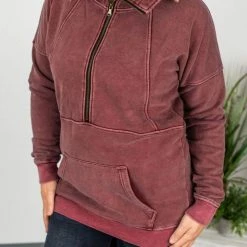 Michelle Mae Vintage Wash HalfZip - Wine LONG SLEEVES