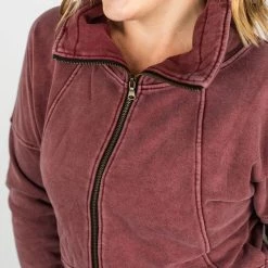 Michelle Mae Vintage Wash HalfZip - Wine LONG SLEEVES