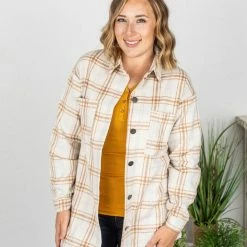 Michelle Mae Dolly Long Plaid Shacket - Camel And Cream LONG SLEEVES