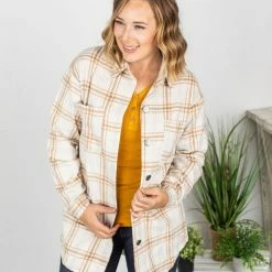 Michelle Mae Dolly Long Plaid Shacket - Camel And Cream LONG SLEEVES