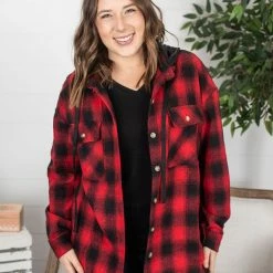 Michelle Mae LONG SLEEVES Red Plaid Hooded Jacket