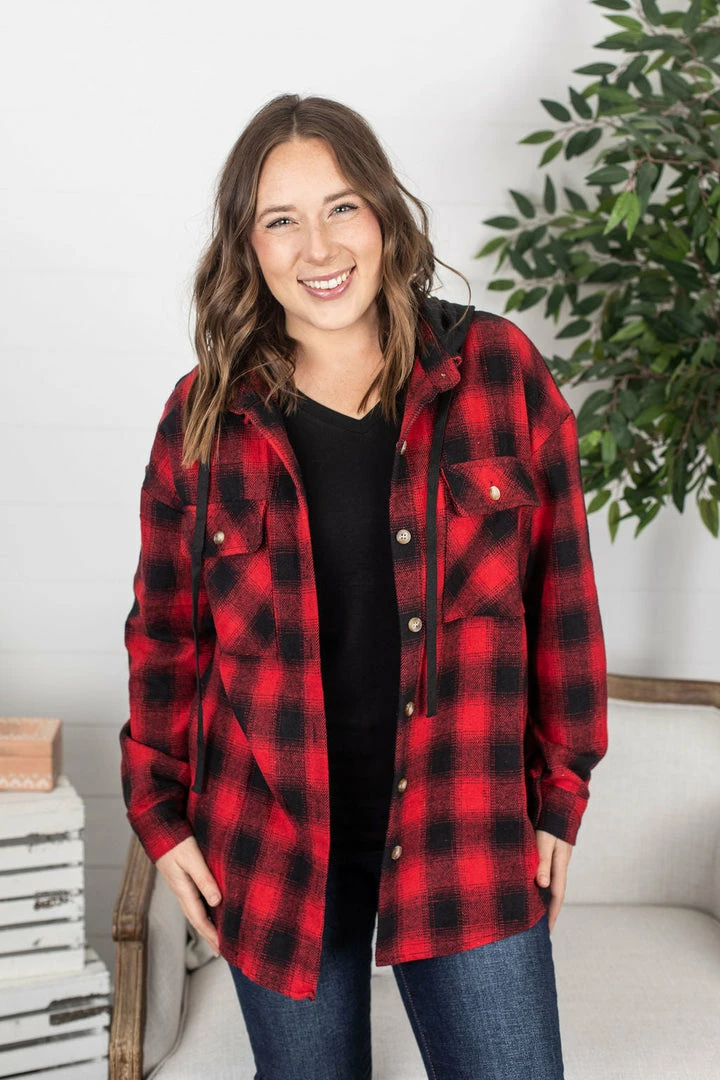 Budget ✨ Michelle Mae LONG SLEEVES Red Plaid Hooded Jacket 🔔 1 Michelle Mae LONG SLEEVES Red Plaid Hooded Jacket
