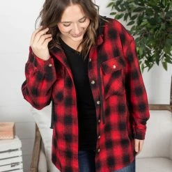 Michelle Mae LONG SLEEVES Red Plaid Hooded Jacket