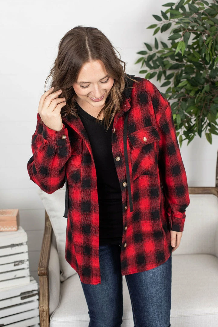Budget ✨ Michelle Mae LONG SLEEVES Red Plaid Hooded Jacket 🔔 2 Michelle Mae LONG SLEEVES Red Plaid Hooded Jacket