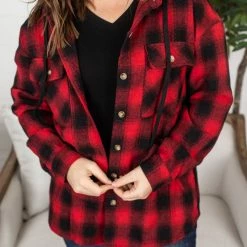 Budget ✨ Michelle Mae LONG SLEEVES Red Plaid Hooded Jacket 🔔 10 Michelle Mae LONG SLEEVES Red Plaid Hooded Jacket