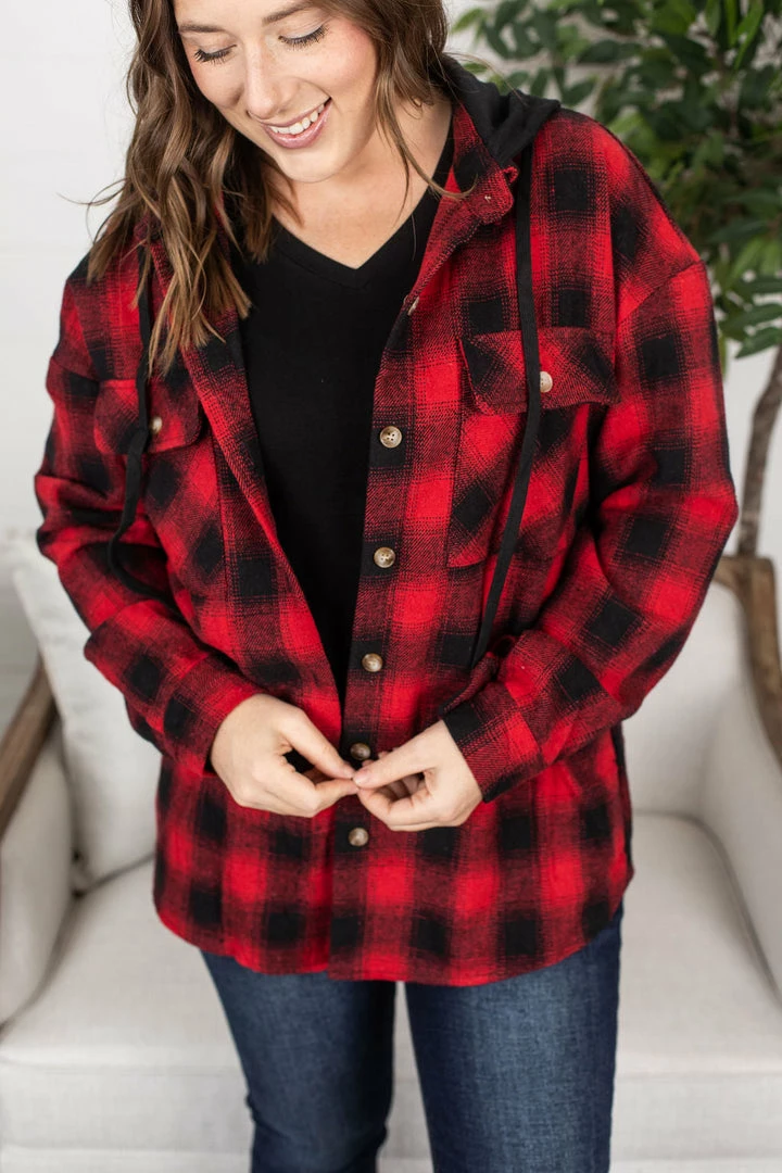 Budget ✨ Michelle Mae LONG SLEEVES Red Plaid Hooded Jacket 🔔 3 Michelle Mae LONG SLEEVES Red Plaid Hooded Jacket