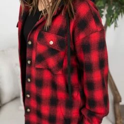Budget ✨ Michelle Mae LONG SLEEVES Red Plaid Hooded Jacket 🔔 11 Michelle Mae LONG SLEEVES Red Plaid Hooded Jacket