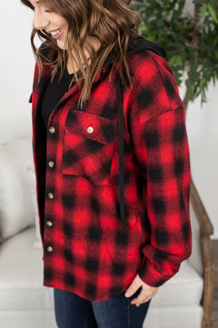 Budget ✨ Michelle Mae LONG SLEEVES Red Plaid Hooded Jacket 🔔 4 Michelle Mae LONG SLEEVES Red Plaid Hooded Jacket