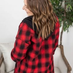 Budget ✨ Michelle Mae LONG SLEEVES Red Plaid Hooded Jacket 🔔 12 Michelle Mae LONG SLEEVES Red Plaid Hooded Jacket