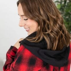 Budget ✨ Michelle Mae LONG SLEEVES Red Plaid Hooded Jacket 🔔 13 Michelle Mae LONG SLEEVES Red Plaid Hooded Jacket