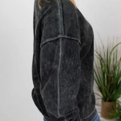 Michelle Mae Vintage Wash Ribbed Pullover - Black LONG SLEEVES